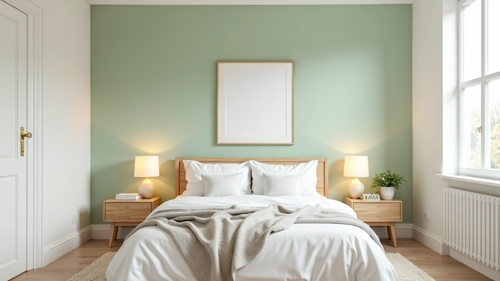 Modern bedroom with deep blue accent wall and matching textiles